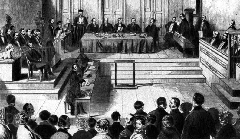 Kölner Kommunistenprozess von 1852. Links die elf Angeklagten mit ihren Verteidigern, in der Mitte das Gericht mit Assisenpräsident Göbel, dem Landgerichts – Kammerpräsidenten Oedenkoven und Dr. Kehrmann, dem Oberprokurator Dr. von Seckendorff (stehend?), dem Staatsprokurator Saedt und rechts die sieben Geschworenen. Holzschnitt nach einer Federzeichnung von J.H.M. (Leipziger Illustrirte Zeitung Nr. 19, 20. November 1852, S. 32).