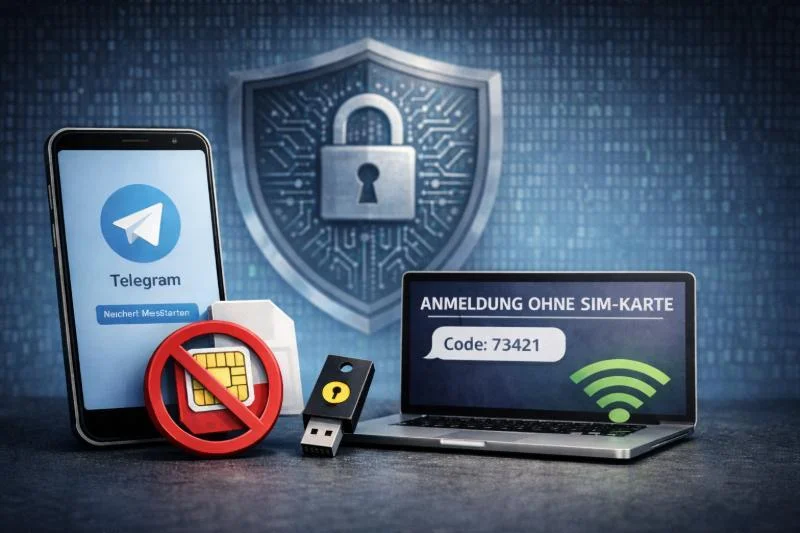 Telegram ohne Telefonnummer: Realistisches Foto einer Arbeitsoberfläche mit Smartphone und Laptop: Auf dem Smartphone ist das Telegram-Logo zu sehen, daneben eine durchgestrichene SIM-Karte; auf dem Laptop steht „Anmeldung ohne SIM-Karte“, im Hintergrund Symbole für digitale Sicherheit.