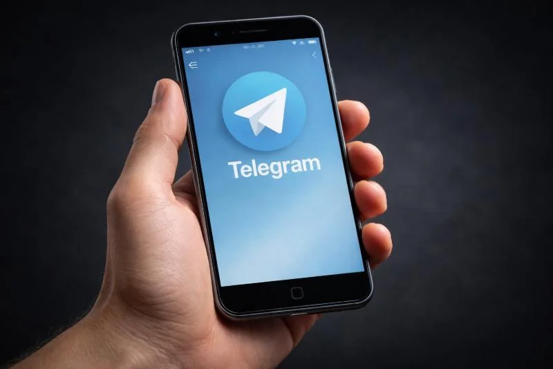 Nahaufnahme einer Hand, die ein Smartphone mit dem Telegram-Logo auf dem Display vor dunklem, neutralem Hintergrund hält.