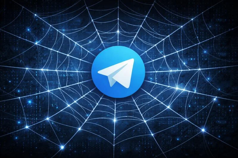 Telegram-Logo im Zentrum eines digitalen Spinnennetzes als Symbol für Vernetzung und mögliche Überwachung