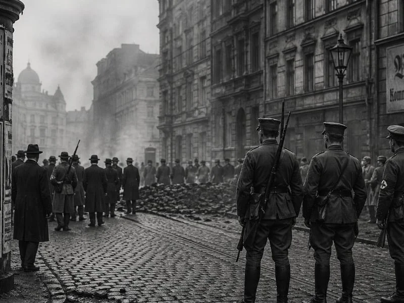 Die Fememorde der Weimarer Republik: Terror im Schatten der Justiz 1 Fememorde: Straßenszene in der Weimarer Republik mit bewaffneten paramilitärischen Gruppen und Menschenmenge während politischer Unruhen