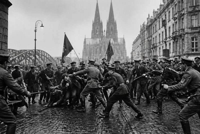 „Babylon Berlin“ in Köln: Politische Verfolgung, Morde und Gewalt - Kölner Brennpunkte in der Weimarer Republik 1 Straßenschlacht zwischen Polizei und Demonstranten in Köln während der Weimarer Republik vor dem Kölner Dom