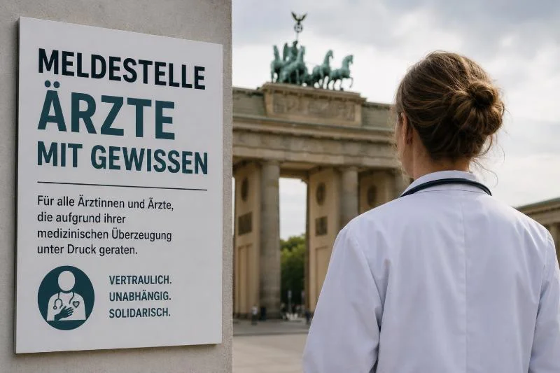 Ärztin vor dem Brandenburger Tor neben einem Schild mit der Aufschrift „Meldestelle Ärzte mit Gewissen“.