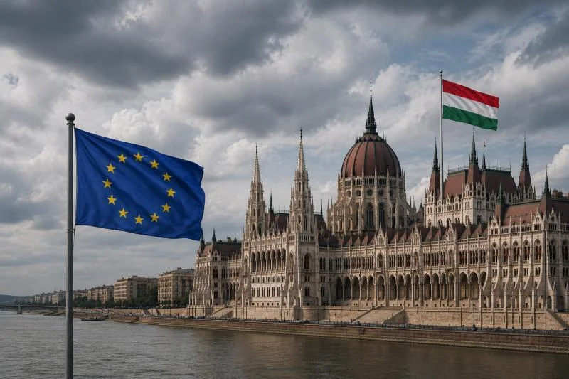 Art. 2 EU-Vertrag:.EU- und Ungarn-Flaggen vor dem ungarischen Parlament in Budapest unter dramatischem Himmel