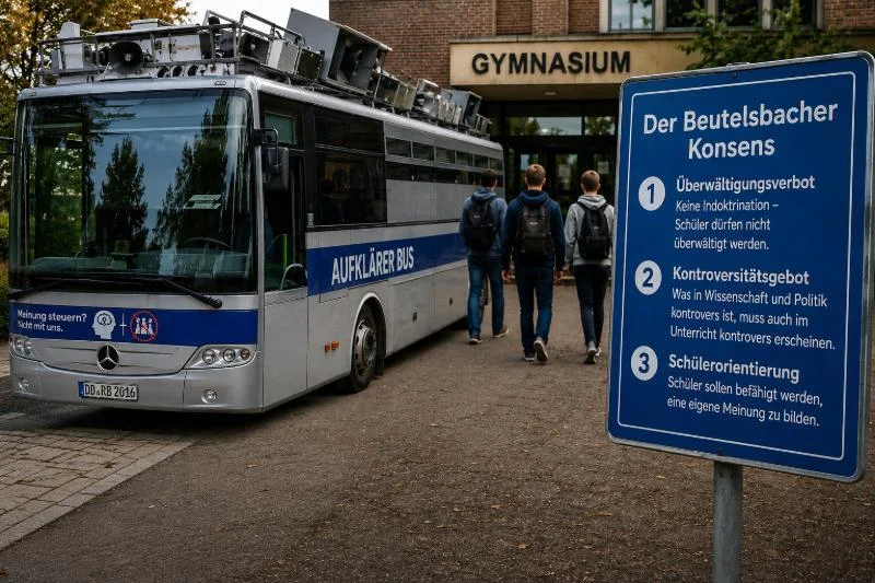 „Adenauer SRP+“ vor einem Gymnasium mit Informationstafel zum Beutelsbacher Konsens
