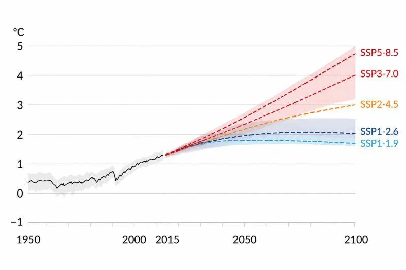 Klimaleugner kritisieren die Prognosen zur globalen Erwärmung bis 2100 mit verschiedenen Klimaszenarien des IPCC in einem 3:2-Diagramm
