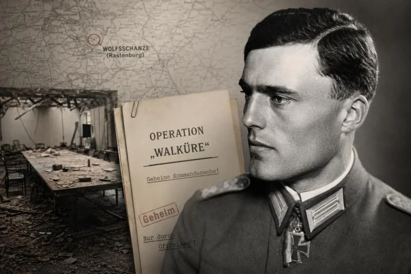 Клаус Шенк граф фон Штауффенберг на фоне «Волчьего логова» и операции «Валькирия» как символ немецкого военного сопротивления национал-социализму.against National Socialism.