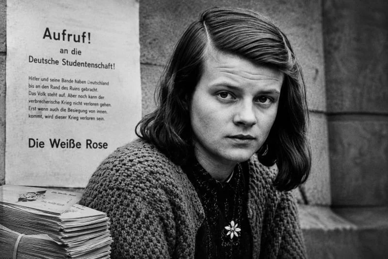 Sophie Scholl mit Flugblättern der Widerstandsgruppe Weiße Rose als Symbol des friedlichen Widerstands gegen die nationalsozialistische Diktatur.