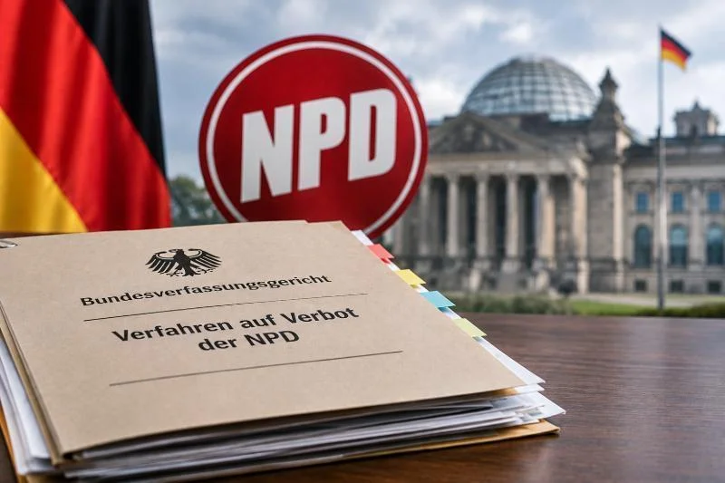 Staat im Staat oder Staatsorgan? Die fatale Rolle des Verfassungsschutzes bei den NPD-Verbotsverfahren 1 NPD-Verbotsverfahren vor dem Bundesverfassungsgericht mit Gerichtsakte und Reichstagsgebäude im Hintergrund