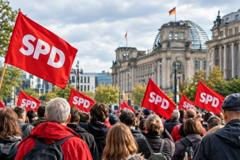 Staatsmacht auf der Straße gegen AfD: Verteidigungsminister Pistorius macht Regierungspartei SPD zur außerparlamentarischen Opposition 1 SPD-Demonstration gegen die AfD vor dem Reichstag in Berlin mit roten SPD-Fahnen
